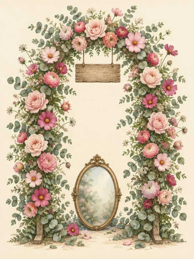 Watercolor of a flower-covered arch with a hanging sign and a gold oval mirror, the photo spot that comes with the bloom bar