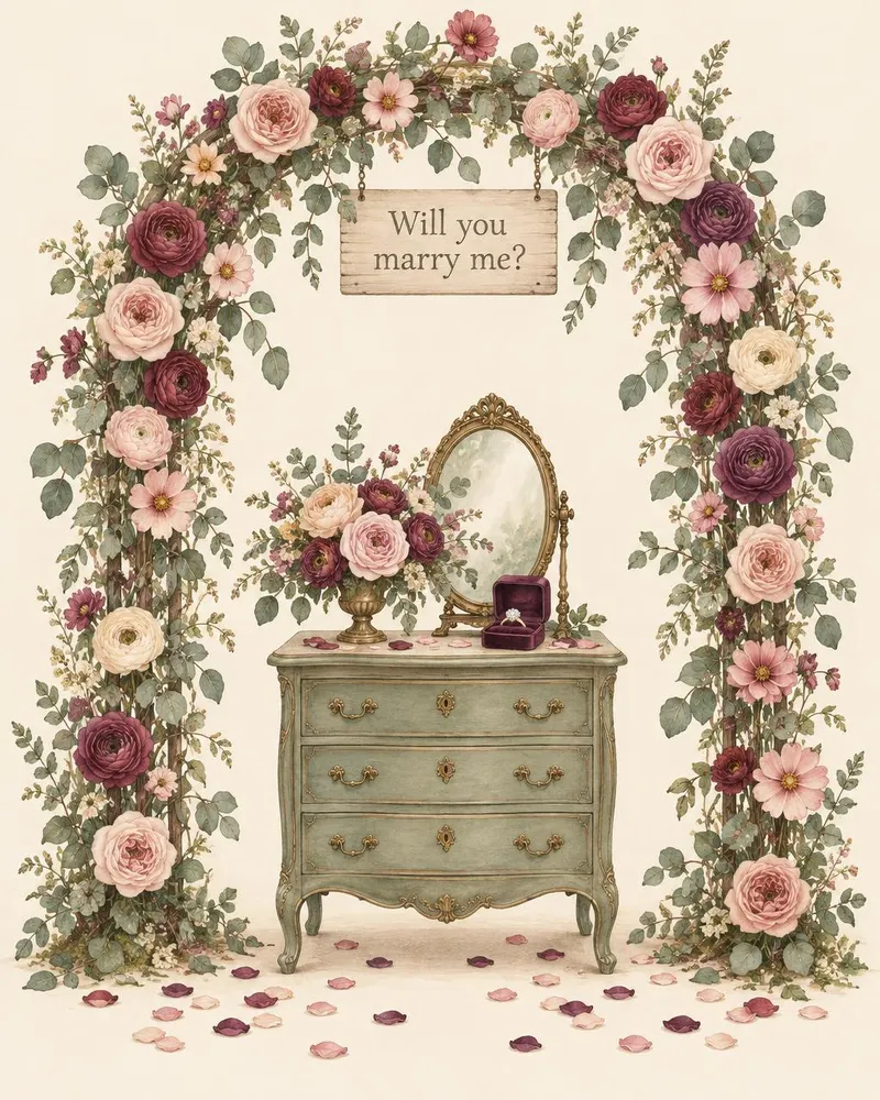 Watercolor of a proposal flower arch with a hanging sign reading Will you marry me, a gold oval mirror and a velvet ring box on a sage chest, with rose petals on the ground