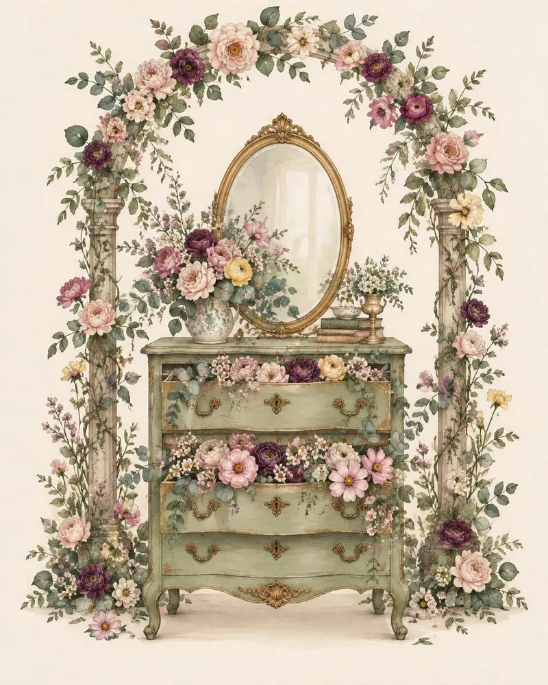 Watercolor of a painted chest of drawers with flowers in each open drawer, the heart of the mobile bloom bar