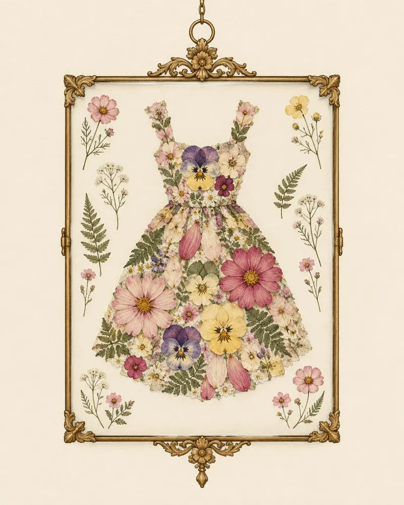 Watercolor of a gold floating glass frame holding a pressed-flower picture shaped like a little dress, made at the Petal Art Table