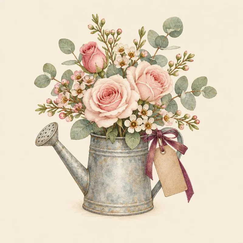 Watercolor of a mini galvanized watering can holding a little posy, with a ribbon tag